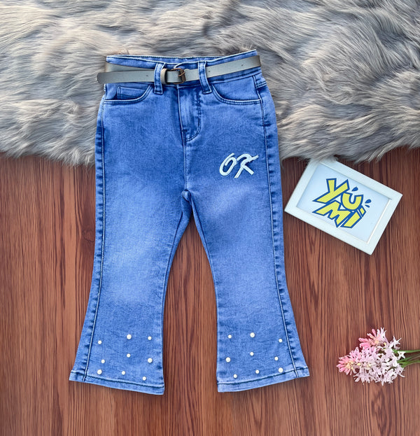Girls blue flare fit with embroidery and stones
