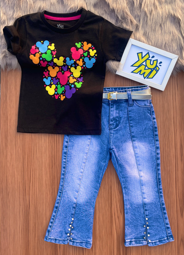 Grils bell bottom jeans set with minnie print T-shirt