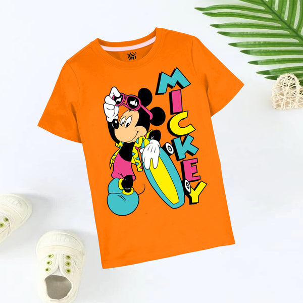 Cool Kids Orange Mickey T-Shirt with Skate board and Glasses Print