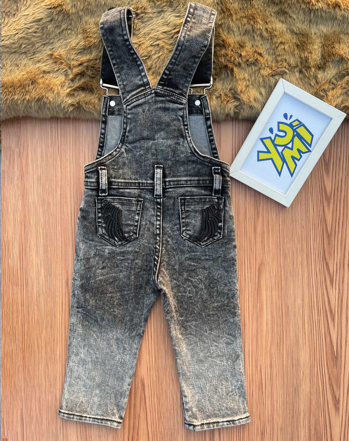 Kids black denim satin dungaree with embroidery