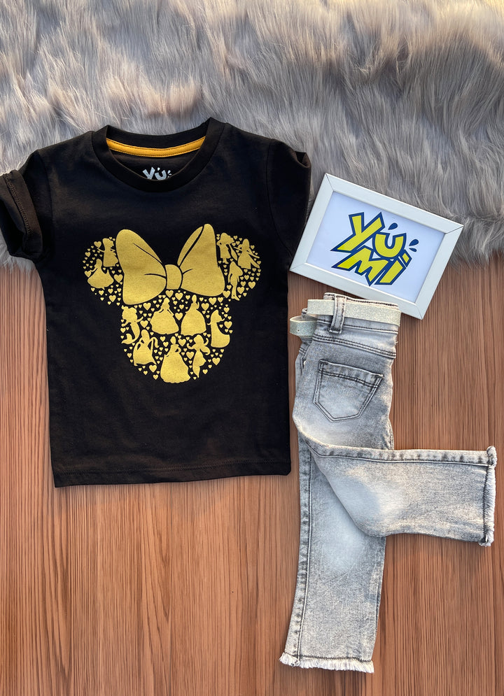 Girls Gold Print black T-Shirt with Grey Flare Fit Bell Bottom Jeans Set