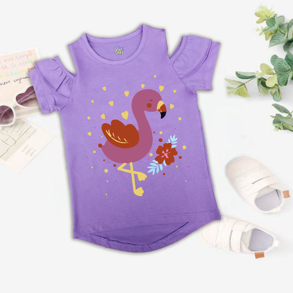 Girls' Flamingo Print T-Shirt with Stunning Shoulder Design 