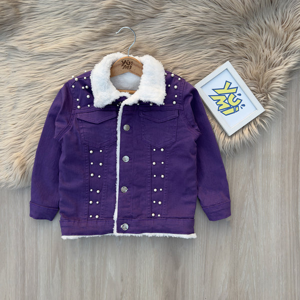 Girls purple denim jacket with white sherpa-fur collar and lining, silver stud detailing
