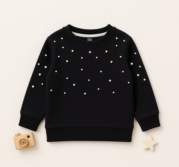 Girls’ black pearl-studded crewneck sweatshirt, long-sleeve fleece winter wear 