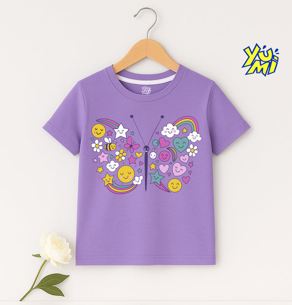 Purple girls’ t-shirt with colorful butterfly graphic.
