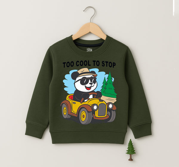 Too Cool To Stop boys’ green sweatshirt with cartoon panda driving a yellow car