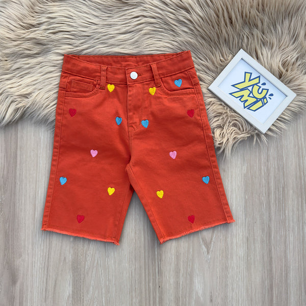 Heart Embroidered Orange Shorts for Girls
