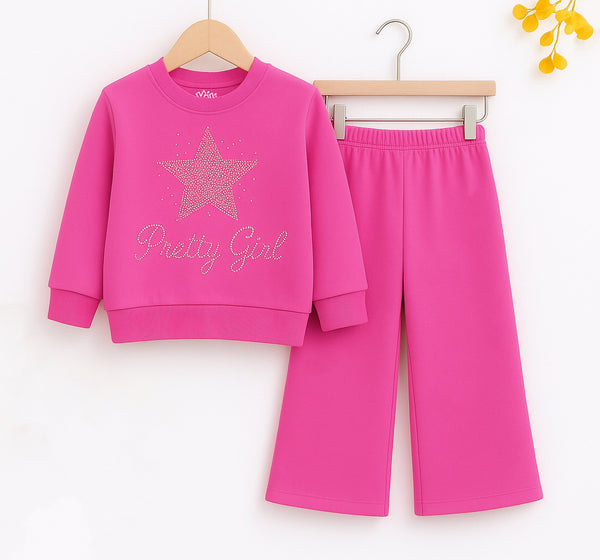 Girls Pretty Rhinestone Fleece Outfit – Wide-Leg Trouser Set