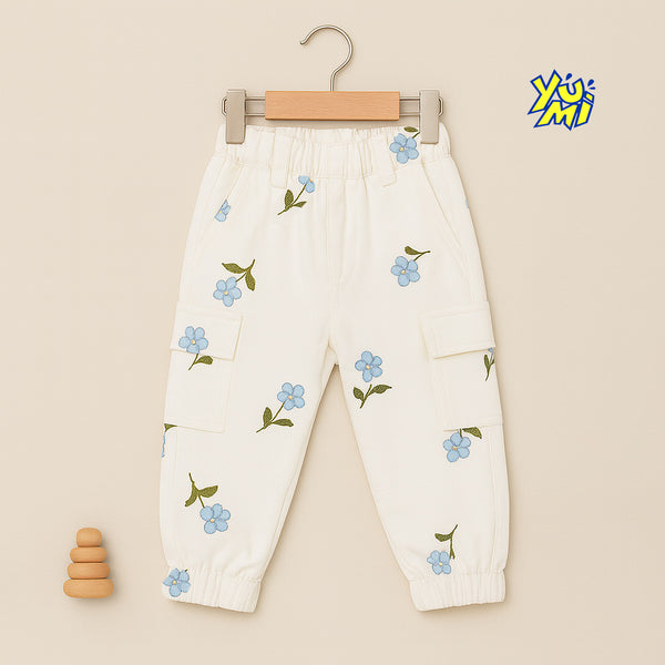 Girls white cotton cargo trousers with blue floral print and side pockets – Yumi.pk