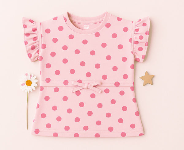 Girls Pink Polka Dot Frock with Frill Sleeves