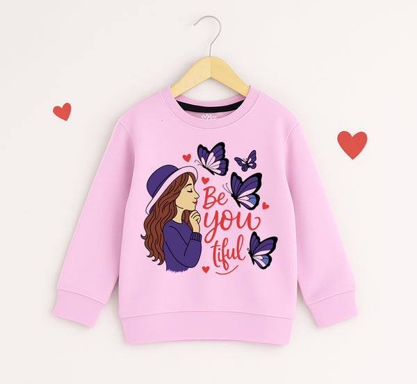 pink fleece sweatshirt for girls with “BeYOUtiful” text, butterflies, and girl graphic – Yumi.pk