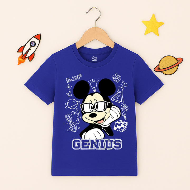 Kids’ blue cotton t-shirt with Genius cartoon and science-themed graphics including glasses, DNA, and planets