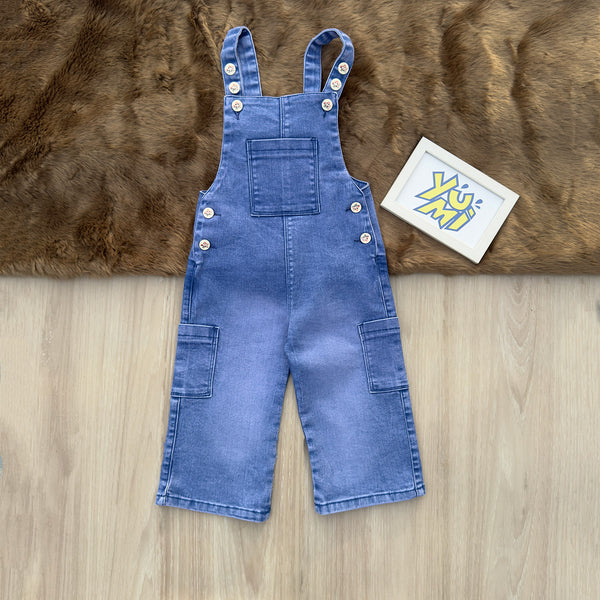 “Girls’ wide leg denim dungaree with button straps and side pockets – trendy kids overalls by Yumi.pk”