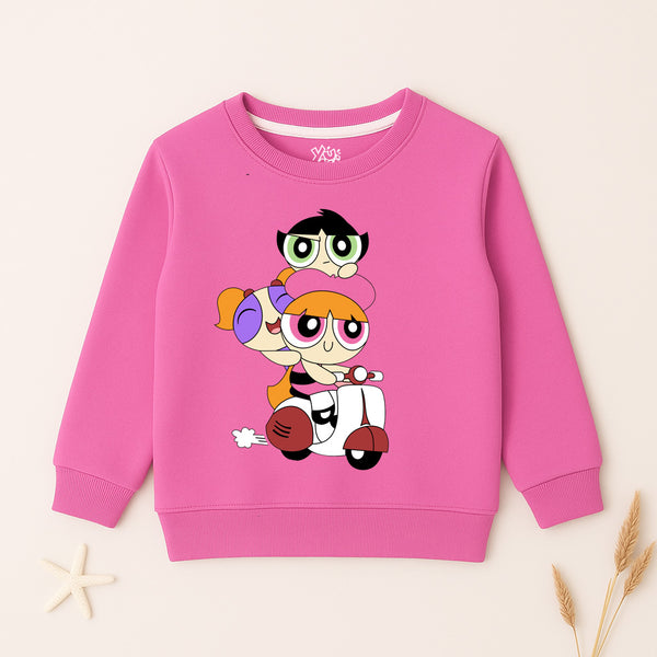Pink girls sweatshirt with cute cartoon trio riding scooter print