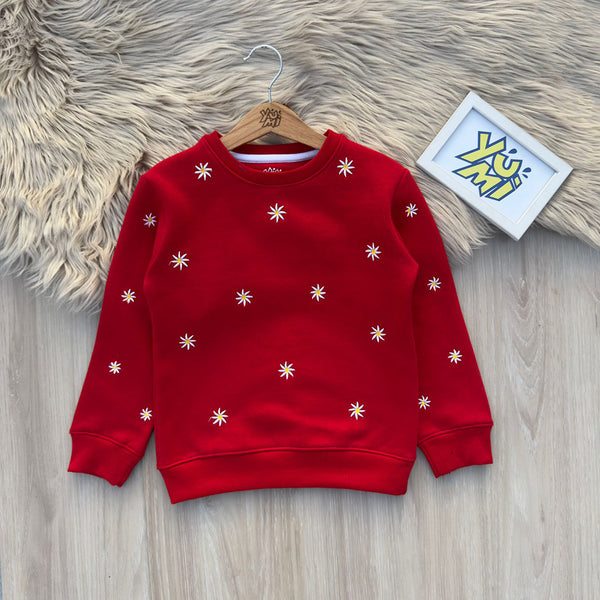 Girls red sweatshirt with all over daisy embroidery – YuMi.pk