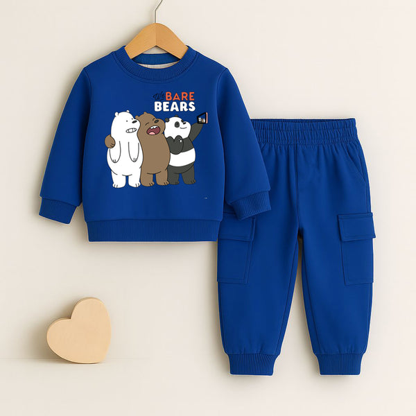 Royal Blue children's sweatshirt and pants set with 'Bare Bears' design on a beige background