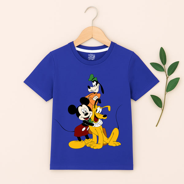 Blue boys’ cotton T-shirt with Mickey Mouse, Goofy, and Pluto cartoon print from Yumi.pk