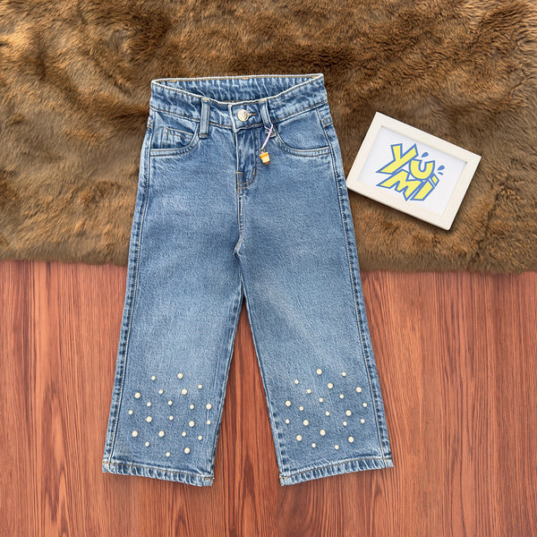 Girls’ Wide Leg Pearl Embellished Denim Jeans – Trendy & Comfortable