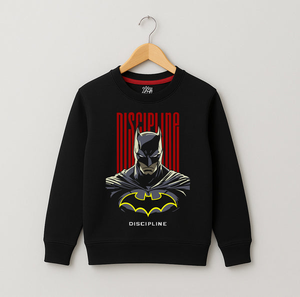 Black boys’ Batman sweatshirt with “Discipline” graphic – Yumi.pk kids winter wear