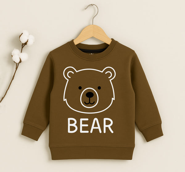 Brown kids sweatshirt with cute bear face print hanging on wooden hanger