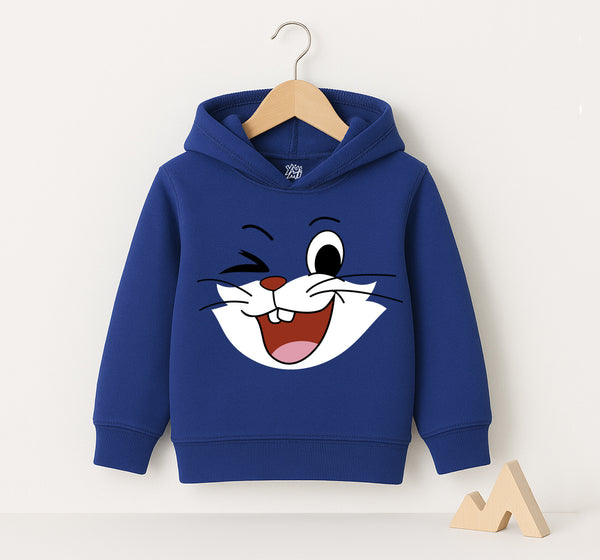 Royal blue kids hoodie with a cute winking bunny face print