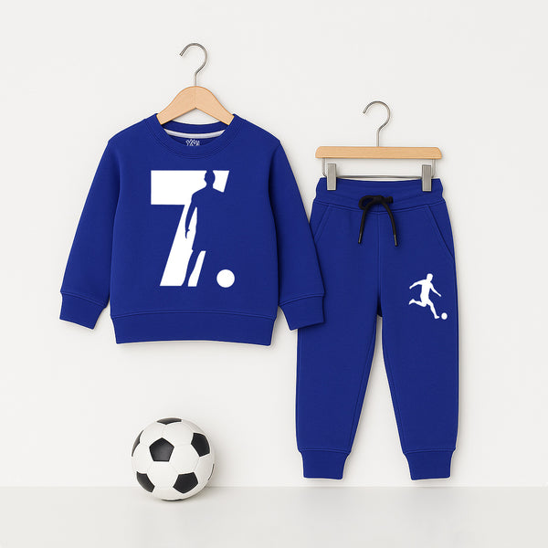 Kids’ royal blue fleece tracksuit with football theme print – sweatshirt and jogger pants set