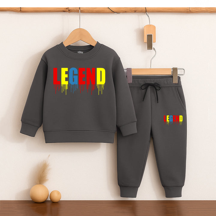 Charcoal grey boys winter tracksuit with colorful “LEGEND” print on sweatshirt and jogger pants from Yumi.pk
