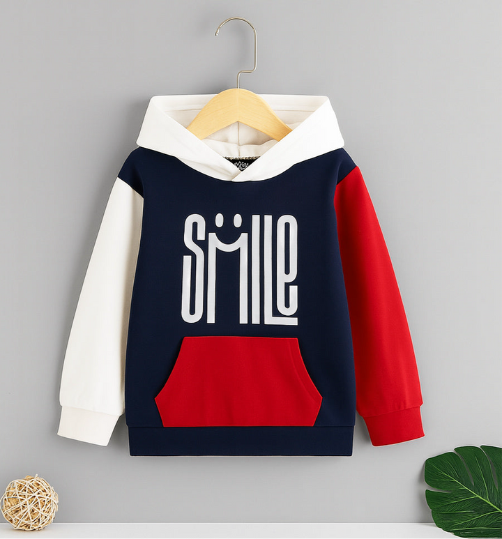 Boys & Girls Smile Print Hoodie – Navy, Red & White