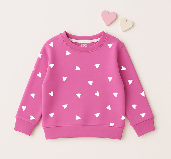 Pink girls fleece sweatshirt with white heart print