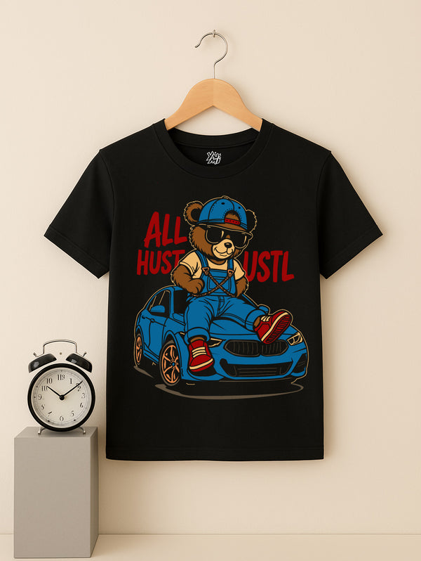 Bear Hustle Car Print Black Kids T-Shirt
