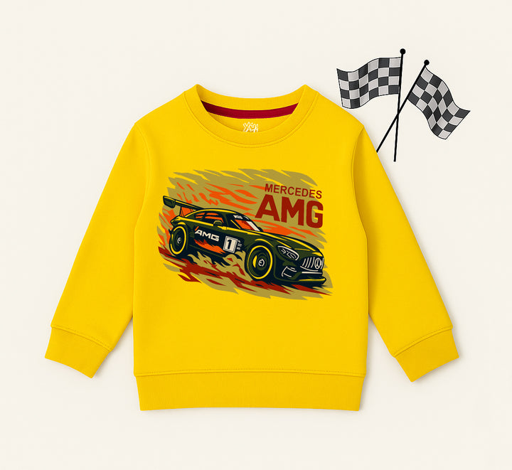 Boys yellow Mercedes AMG car print sweatshirt from Yumi.pk
