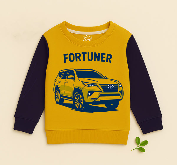 Kids mustard and navy fleece sweatshirt with Fortuner car print for Fortuner lovers by YuMi.pk