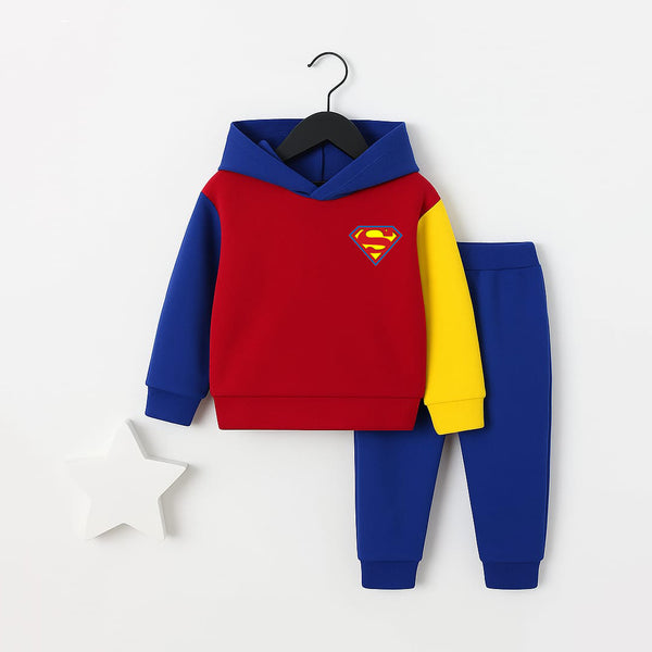 Superman kids tracksuit with red, blue, and yellow hoodie and blue jogger pants from Yumi.pk