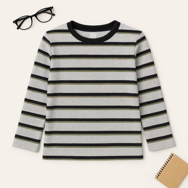 Kids’ Gray Striped Thermal Shirt – Full Sleeves