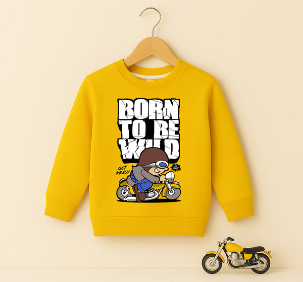 Born to Be Wild boys’ yellow fleece sweatshirt with motorbike cartoon print – Yumi.pk