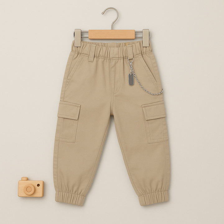 Boys’ Beige Cargo Pants with Chain – Stylish Kids’ Jogger Trousers