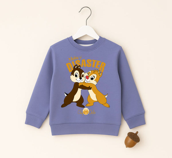 Dusty blue fleece sweatshirt for kids with Chip and Dale cartoon and “Masters of Disaster” text – Yumi.pk