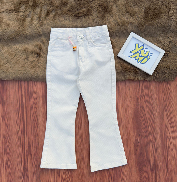 White flared cotton pants for girls with floral embossed print