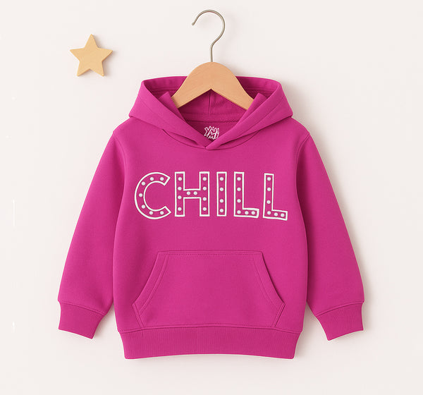 Pink girls’ hoodie with “CHILL” printed design and pearl embellishments 