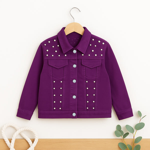 Girls Purple Jacket with Pearl Studs | Stylish Winter Wear