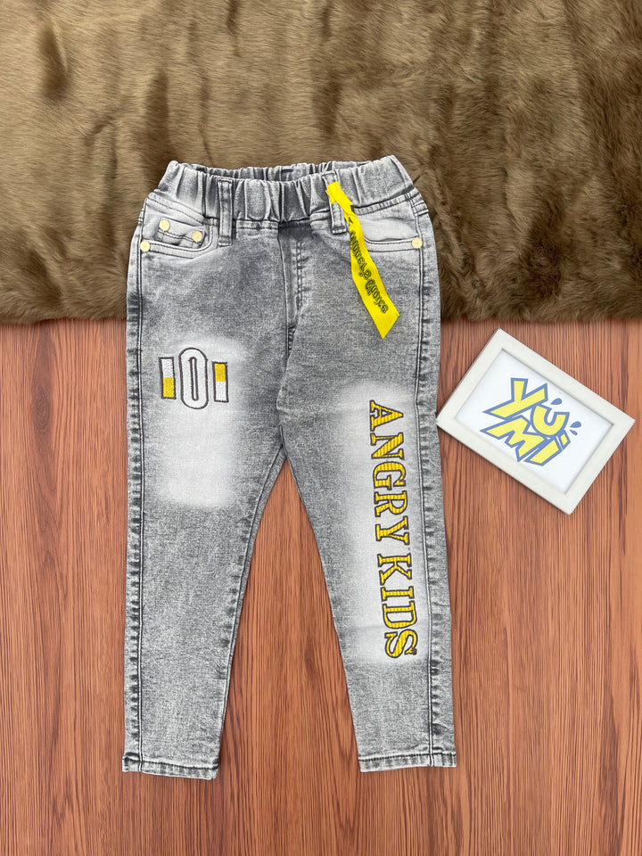 Kids' Gray Jeans with Angry Kids Embroidery - YUMI.PK