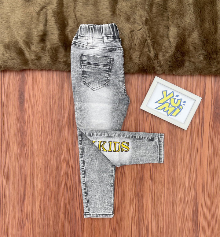 Kids' Gray Jeans with Angry Kids Embroidery - YUMI.PK