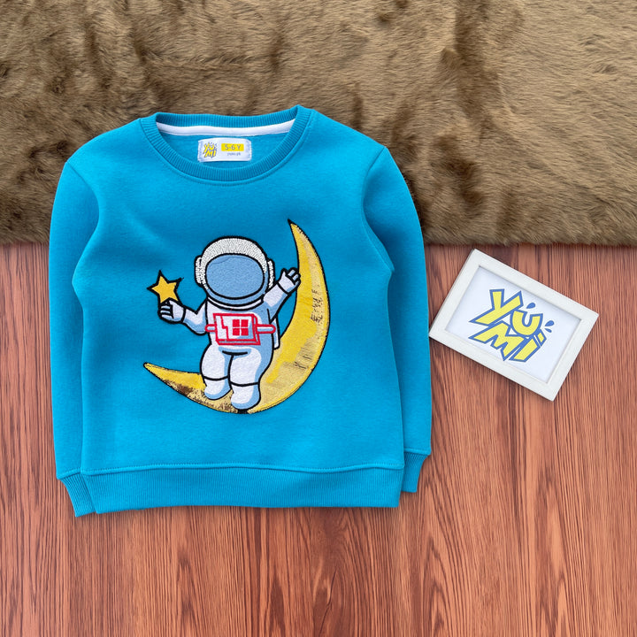 Space-Themed Kids Sweatshirt with Astronaut and Moon Design