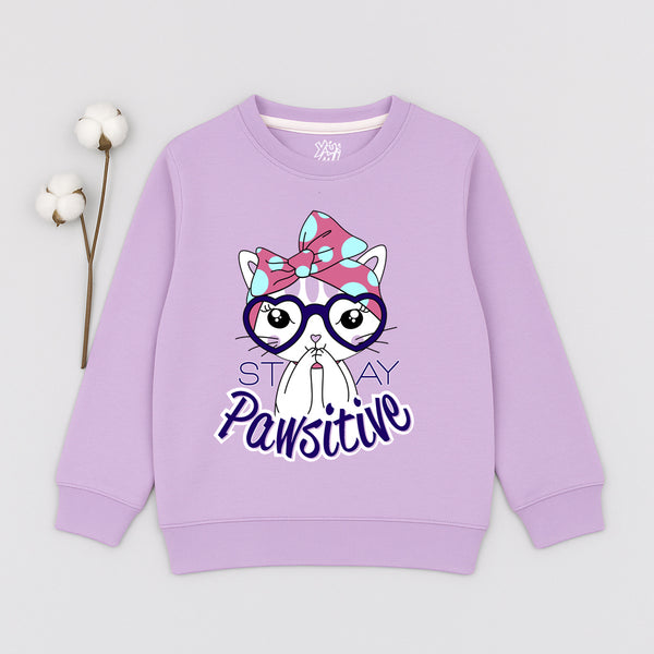 girls’ sweatshirt with cartoon cat wearing glasses and a pink bow, featuring “Stay Pawsitive” text