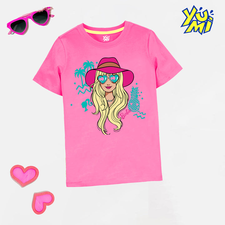 New Girls' Barbie Glasses Pink T-Shirt - Trendy Summer Wear - YUMI.PK