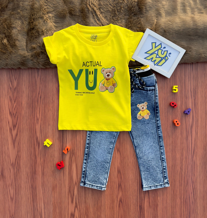 Teddy Time! Comfy Jeans & Lightweight Tee with Teddy Bear - YUMI.PK