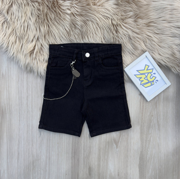 Kids Black Denim Shorts with Chain - YUMI.PK