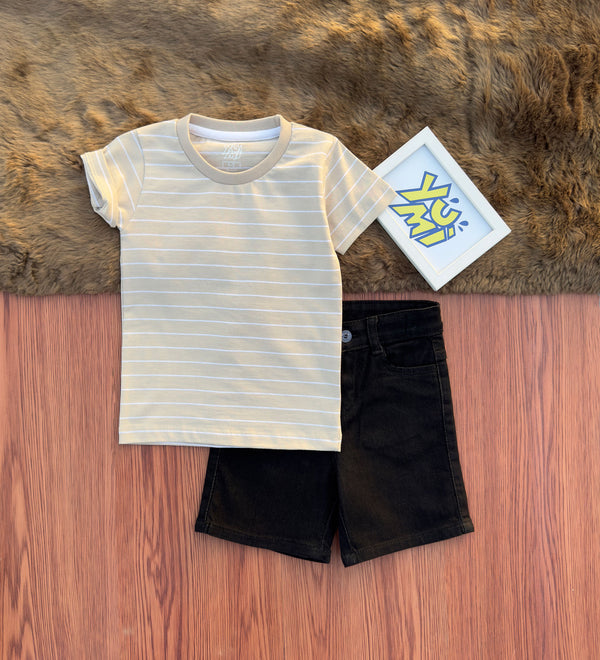 Matching Kids’ Outfit: Black Shorts and Striped T-Shirt