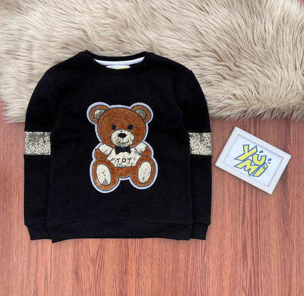 Girls' Black Top with Dazzling Sequins & Adorable Bear