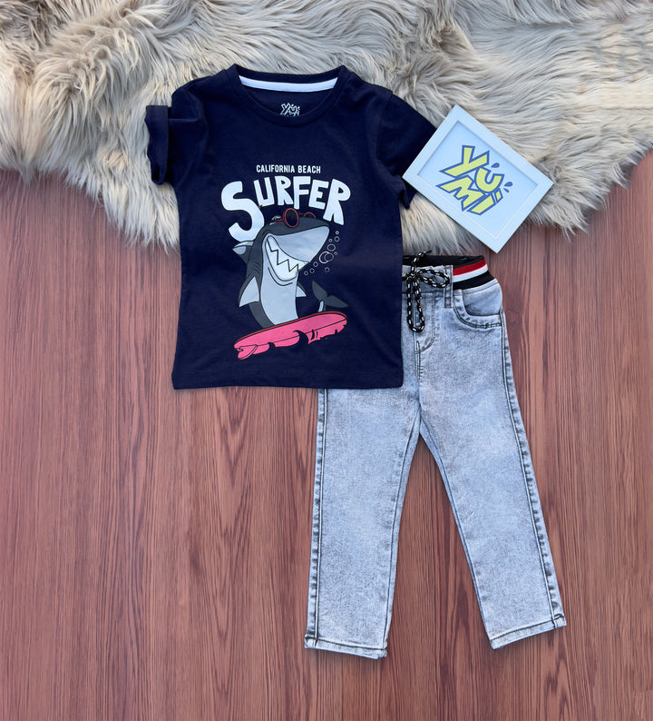 Kids' Shark Surfer T-Shirt and Jeans Set - YUMI.PK